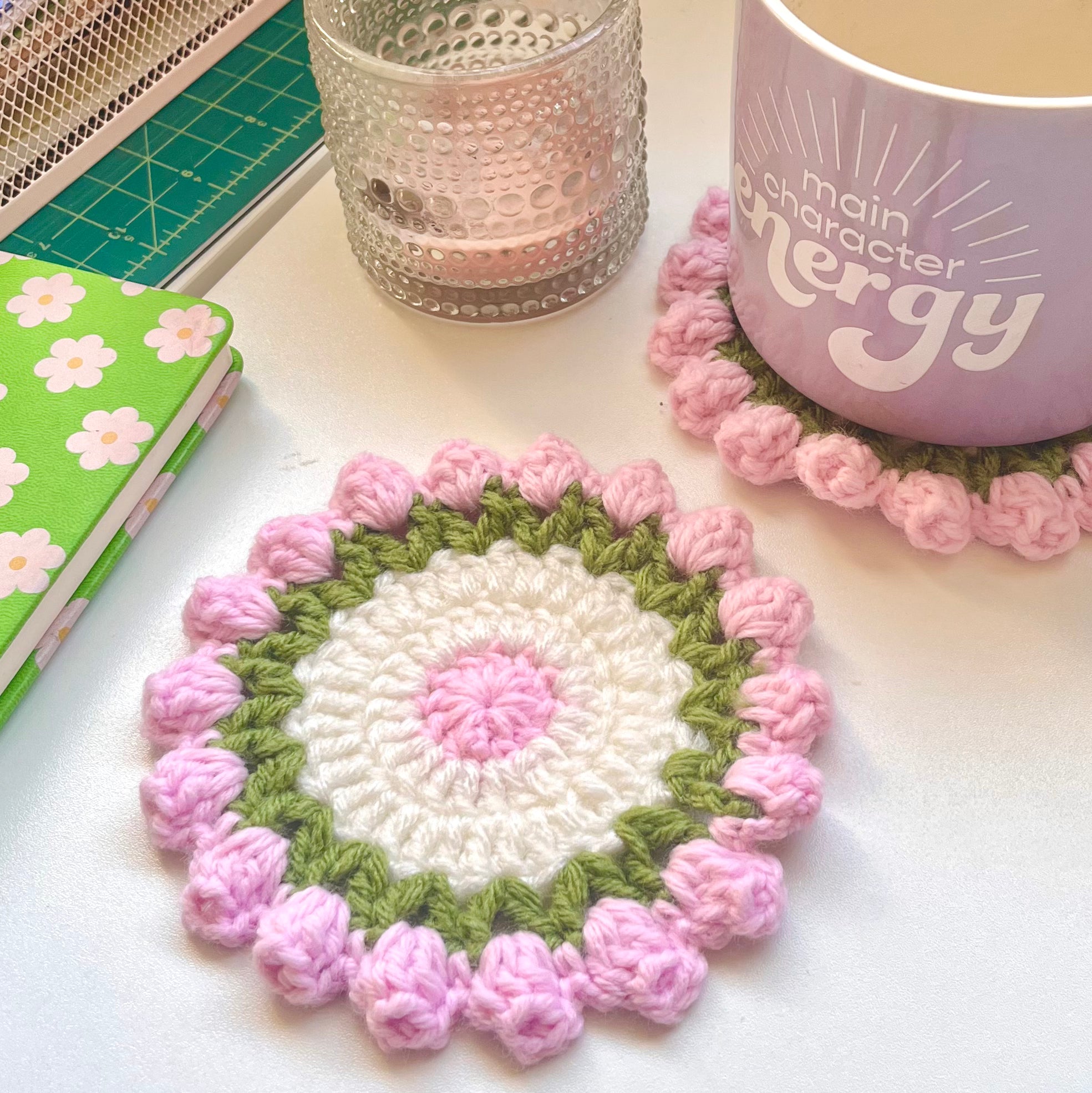 Pink Tulip Coaster Crochet Coaster