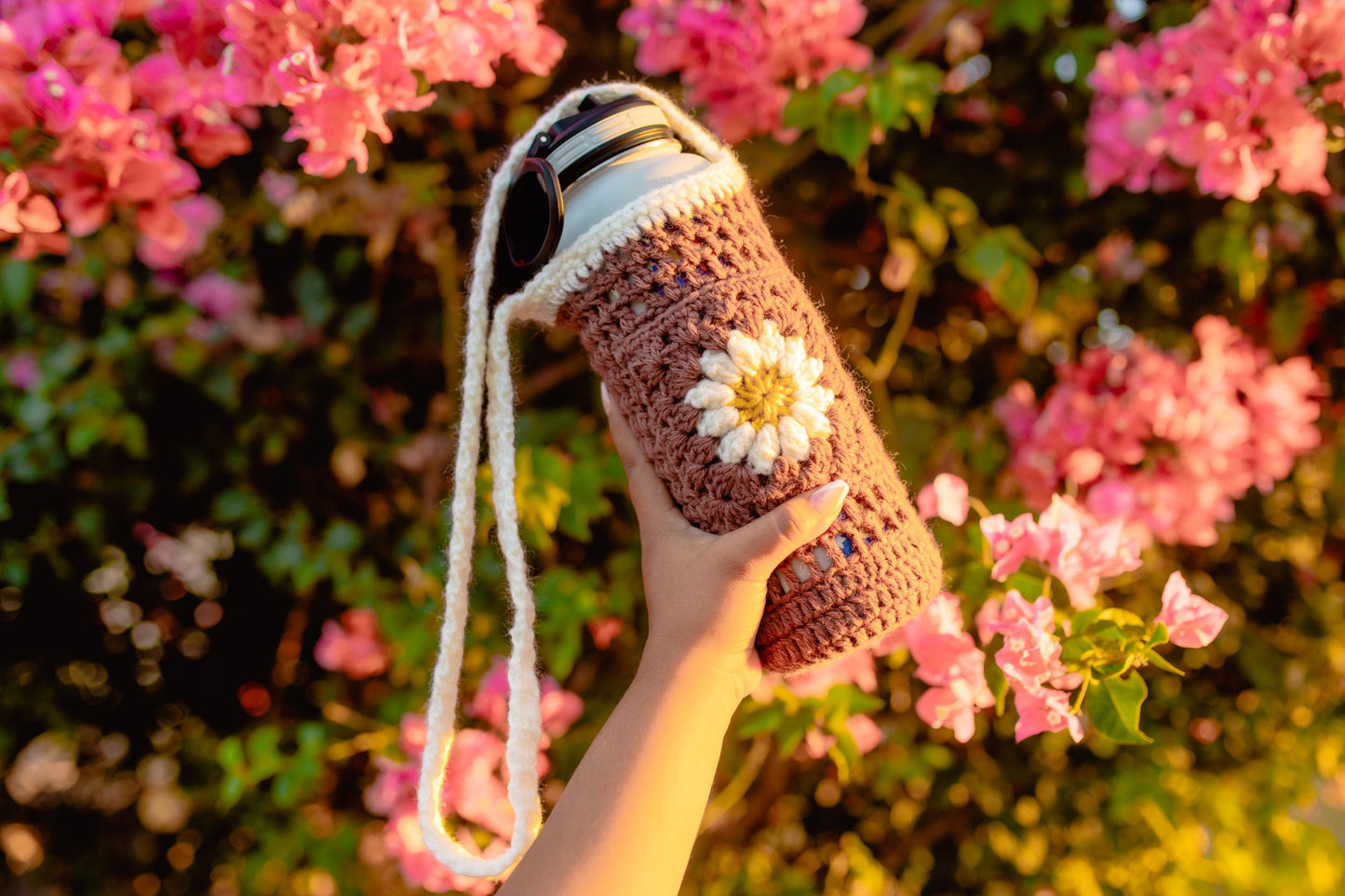 Crochet Daisy Waterbottle Sling with Pocket | 40oz Hydroflask Sling