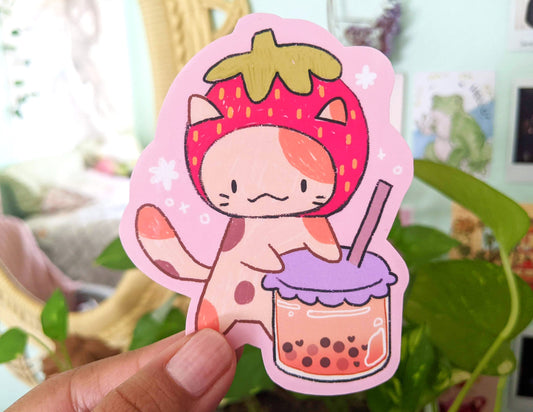 Strawberry Cat Boba Sticker | Textured Matte Sticker Not dishwasher safe
