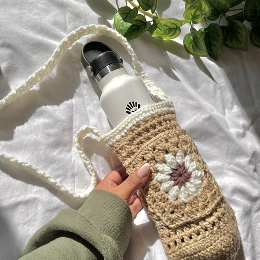 Beige Water Bottle Holder | Floral front pocket | 40oz Waterbottle Sling