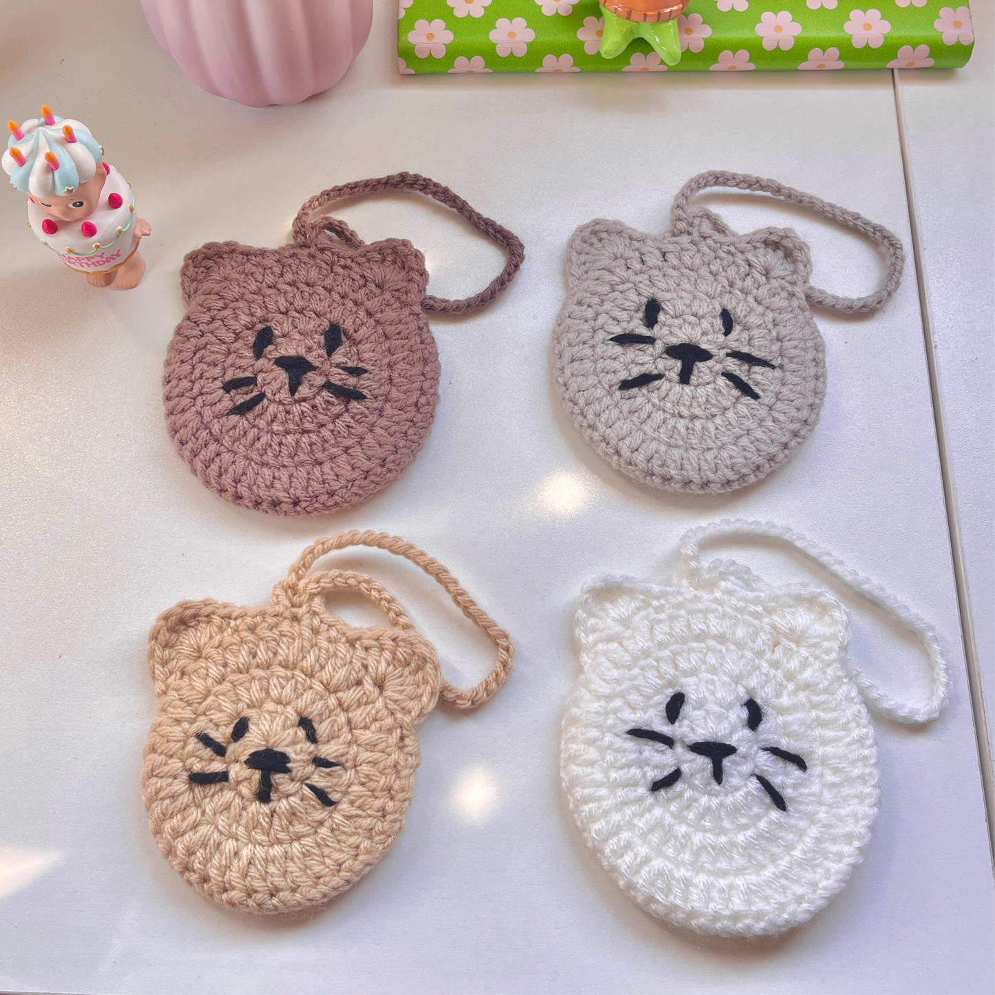 Crochet Cat Pouch | Bag charm crochet pocket for airpods, trinkets, bag accessory