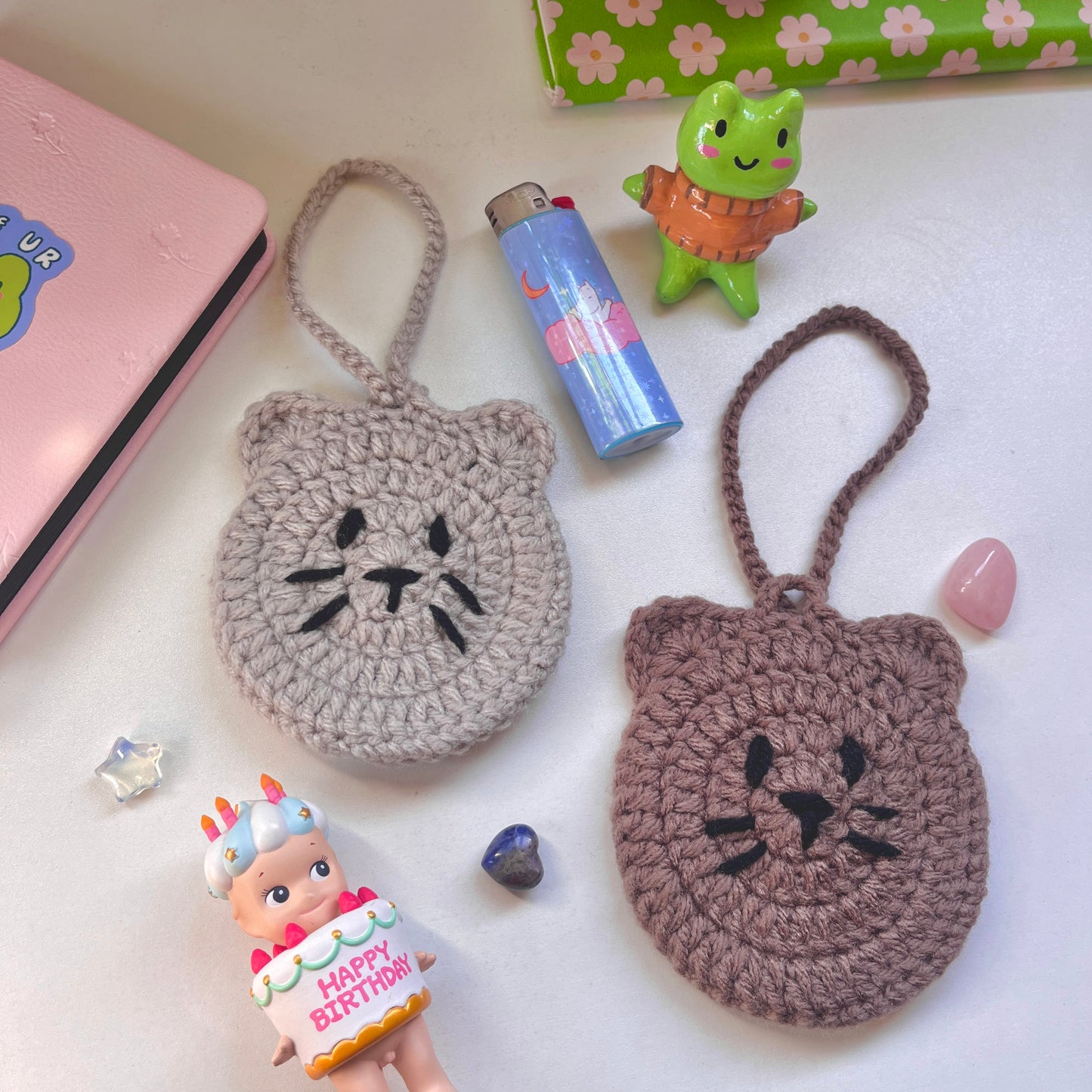 Crochet Cat Pouch | Bag charm crochet pocket for airpods, trinkets, bag accessory