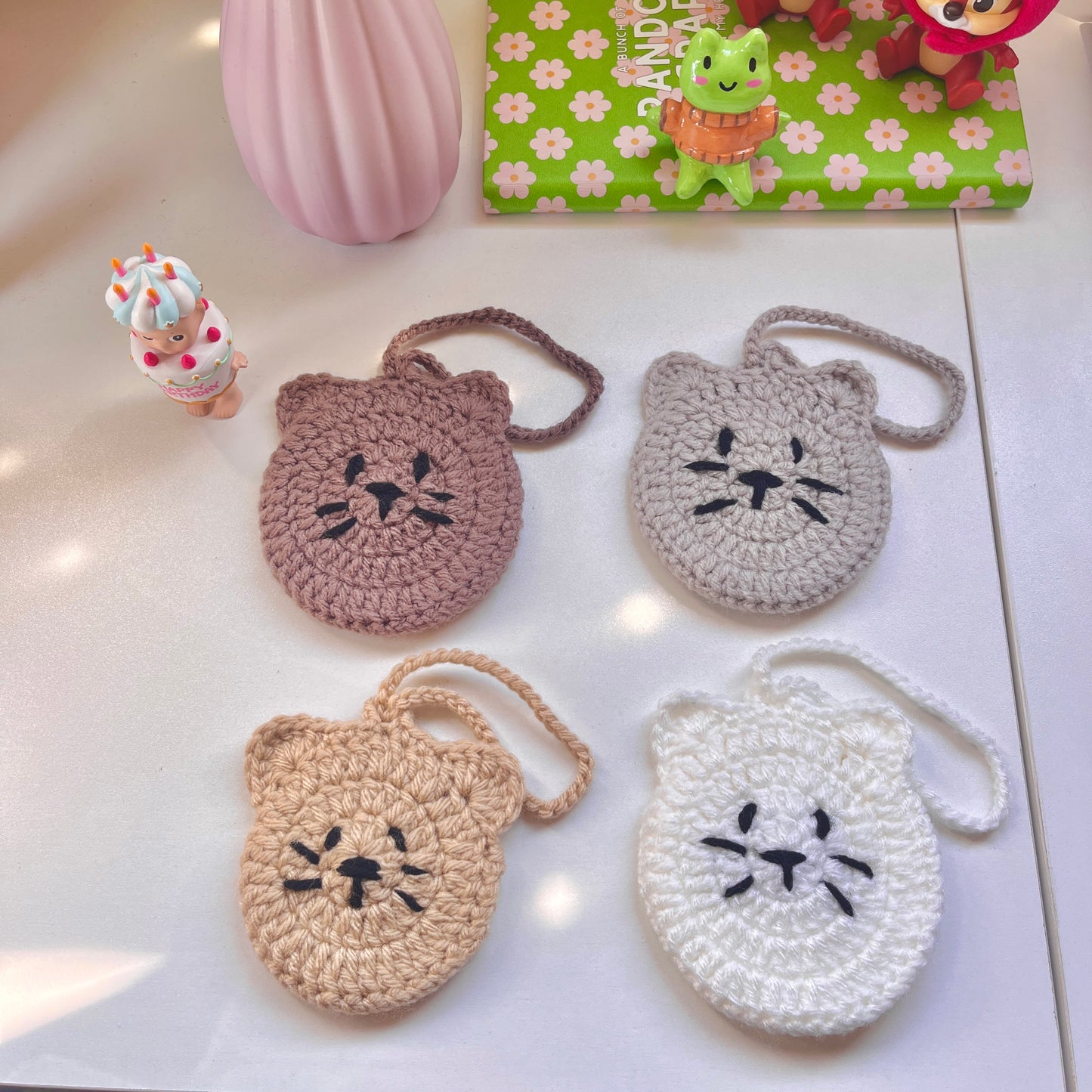 Crochet Cat Pouch | Bag charm crochet pocket for airpods, trinkets, bag accessory