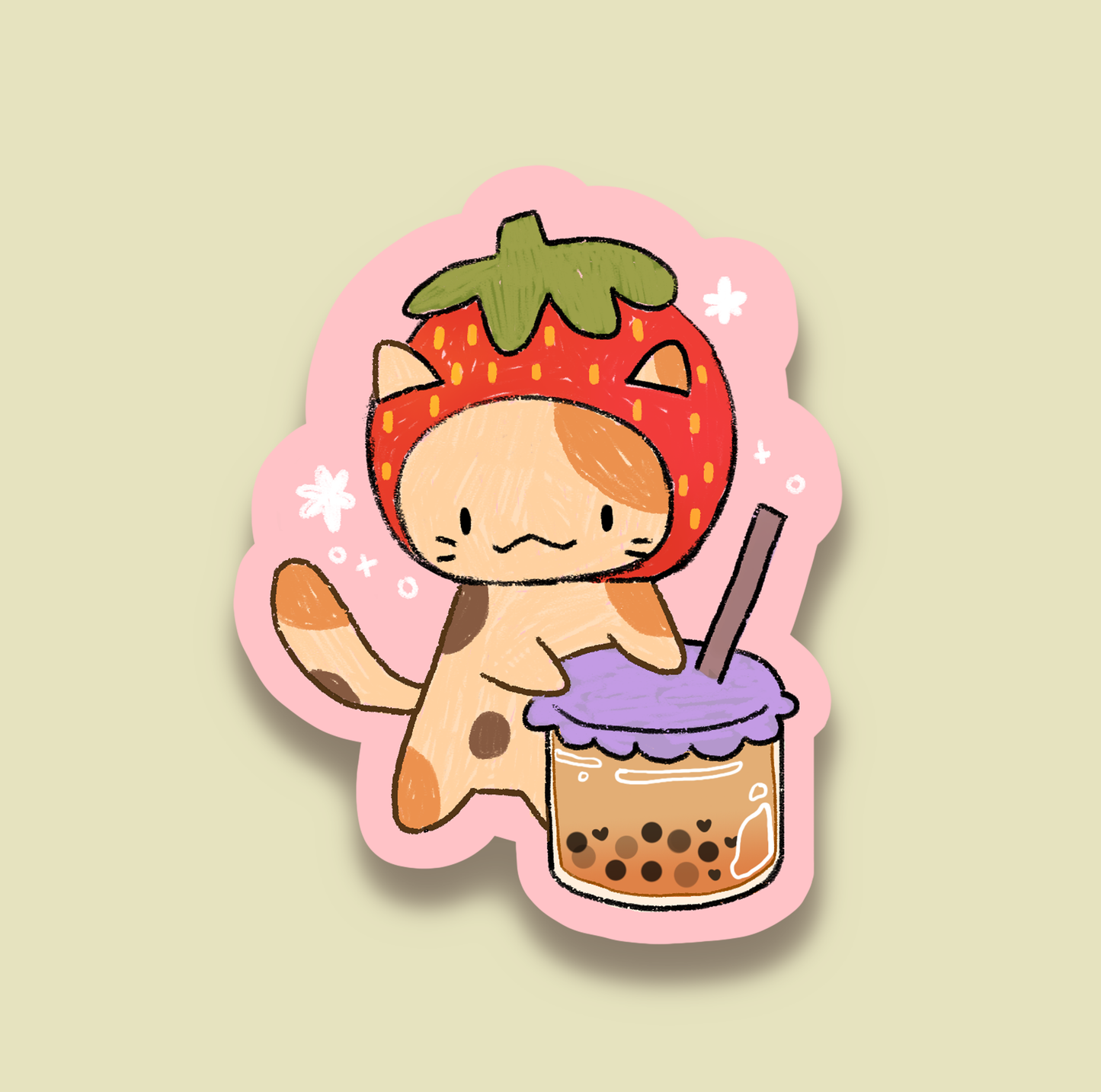 Strawberry Cat Boba Sticker | Waterproof & Outdoor Safe