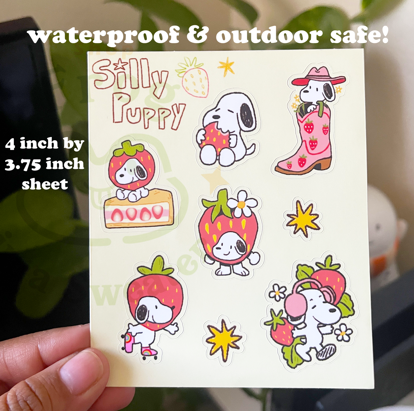 Silly Strawberry Puppy Sticker Sheet | 4 inch by 3.75 inch sheet | Waterproof!