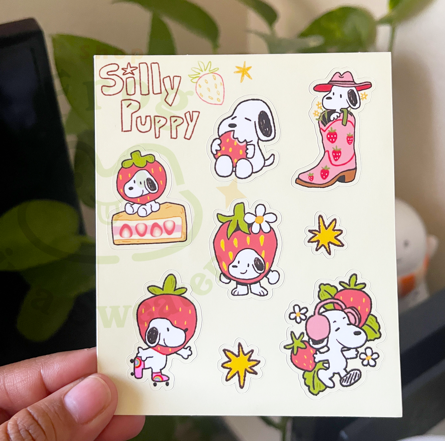 Silly Strawberry Puppy Sticker Sheet | 4 inch by 3.75 inch sheet | Waterproof!
