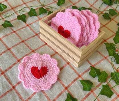 Pink Heart Crochet Coasters | 4.5 Inch Acrylic Yarn Coasters