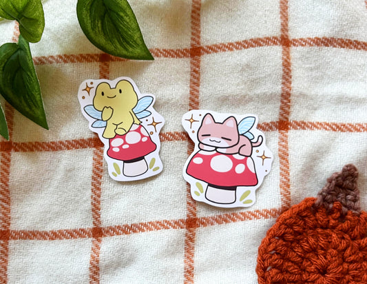 Mushroom Fairy Cat and Frog Stickers | Glossy Sticker