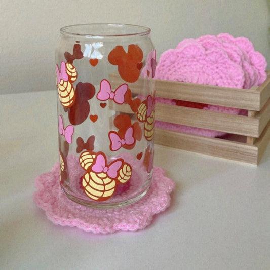 Pink Heart Crochet Coasters | 4.5 Inch Acrylic Yarn Coasters