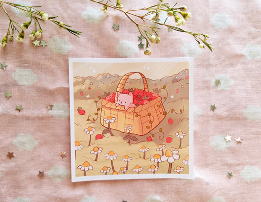 Pink Cat in Strawberry Field | Mini Print | 4 x 4 Print